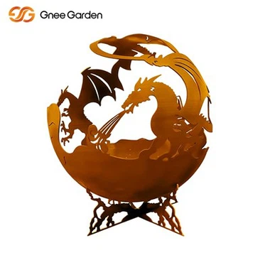 Corten Steel Sphere Fire Pit Dragon Sculpture